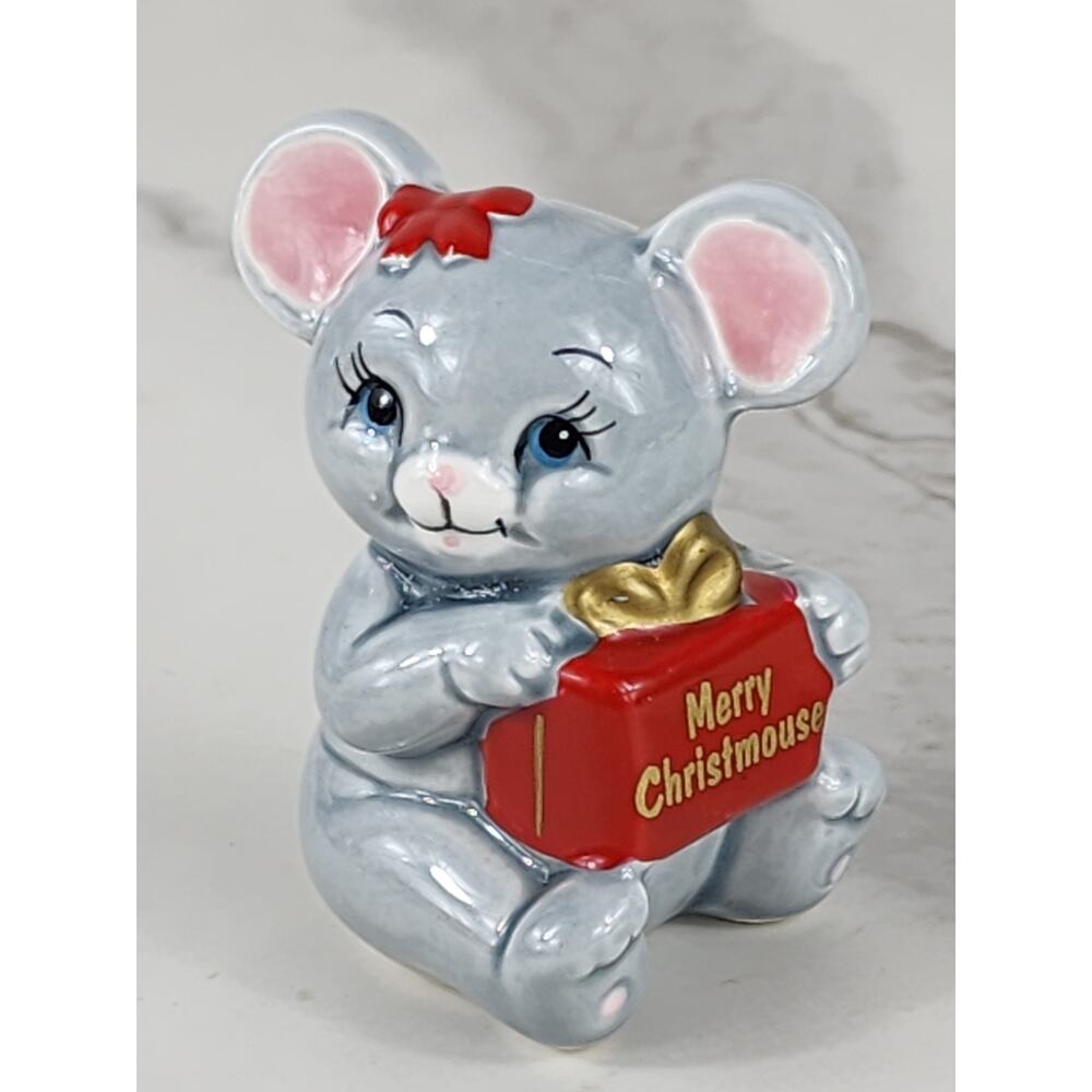 Russ Mini Mouse Mice Christmas Figurine 2 1/2" Merry Christmouse Gray 80s Korea